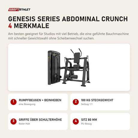 Titanium Strength Genesis Series Abdominal Crunch mit 4 Merkmalen: Rumpfbeugen + Beinheben, 100 kg Steckgewicht, Griffe über Schulterhöhe, Sitz 80 mm
