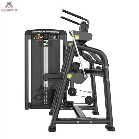 Titanium Strength Genesis Series Abdominal Crunch in Seitenansicht mit Hebelarm, Griffen und Fußrolle in Schwarz