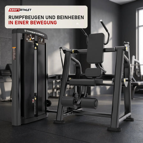 Titanium Strength Genesis Series Abdominal Crunch in einem fertig eingerichteten Studio mit dunklen Wänden und Gummiboden