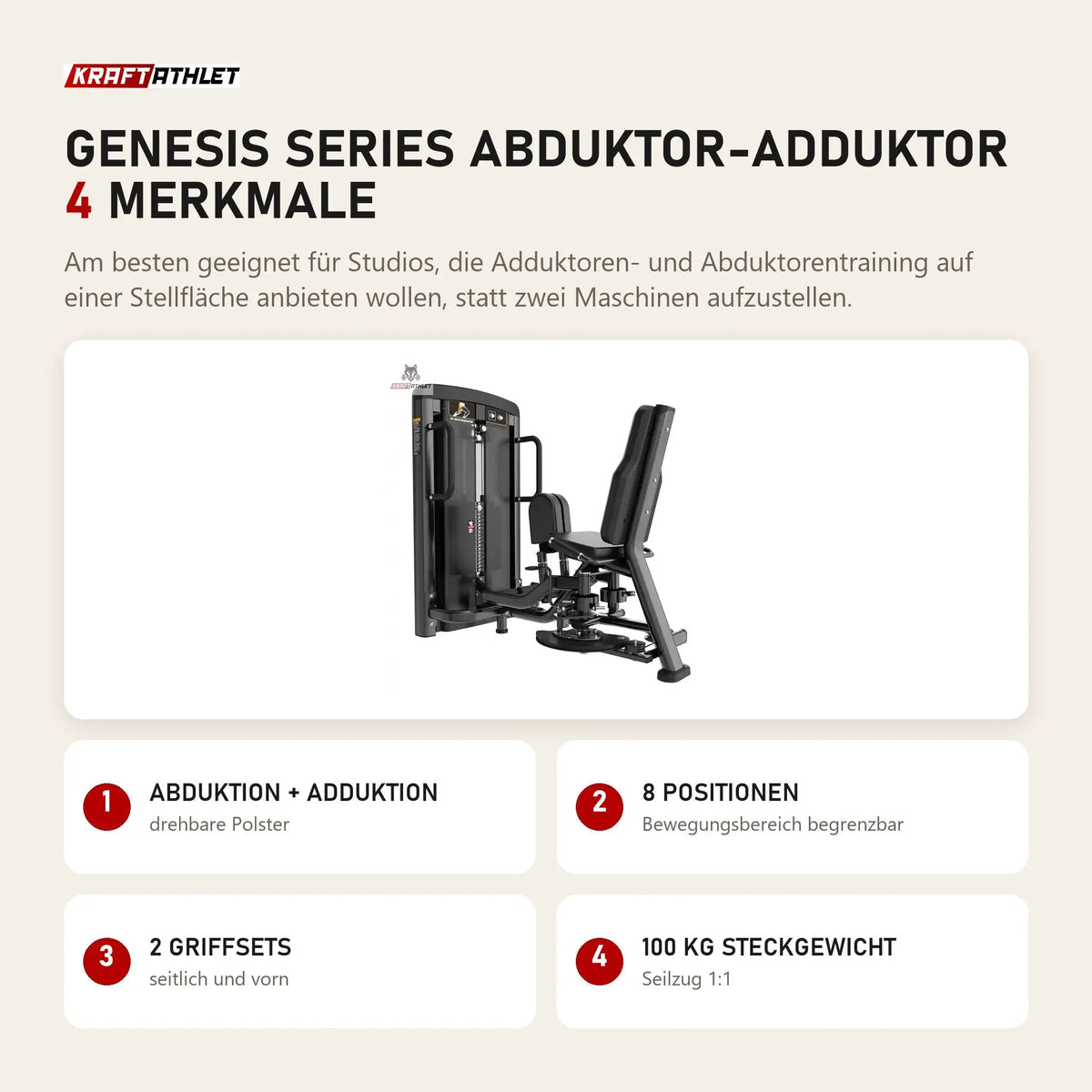 Titanium Strength Genesis Series Abduktor-Adduktor mit 4 Merkmalen: Abduktion + Adduktion, 8 Positionen, 2 Griffsets, 100 kg Steckgewicht