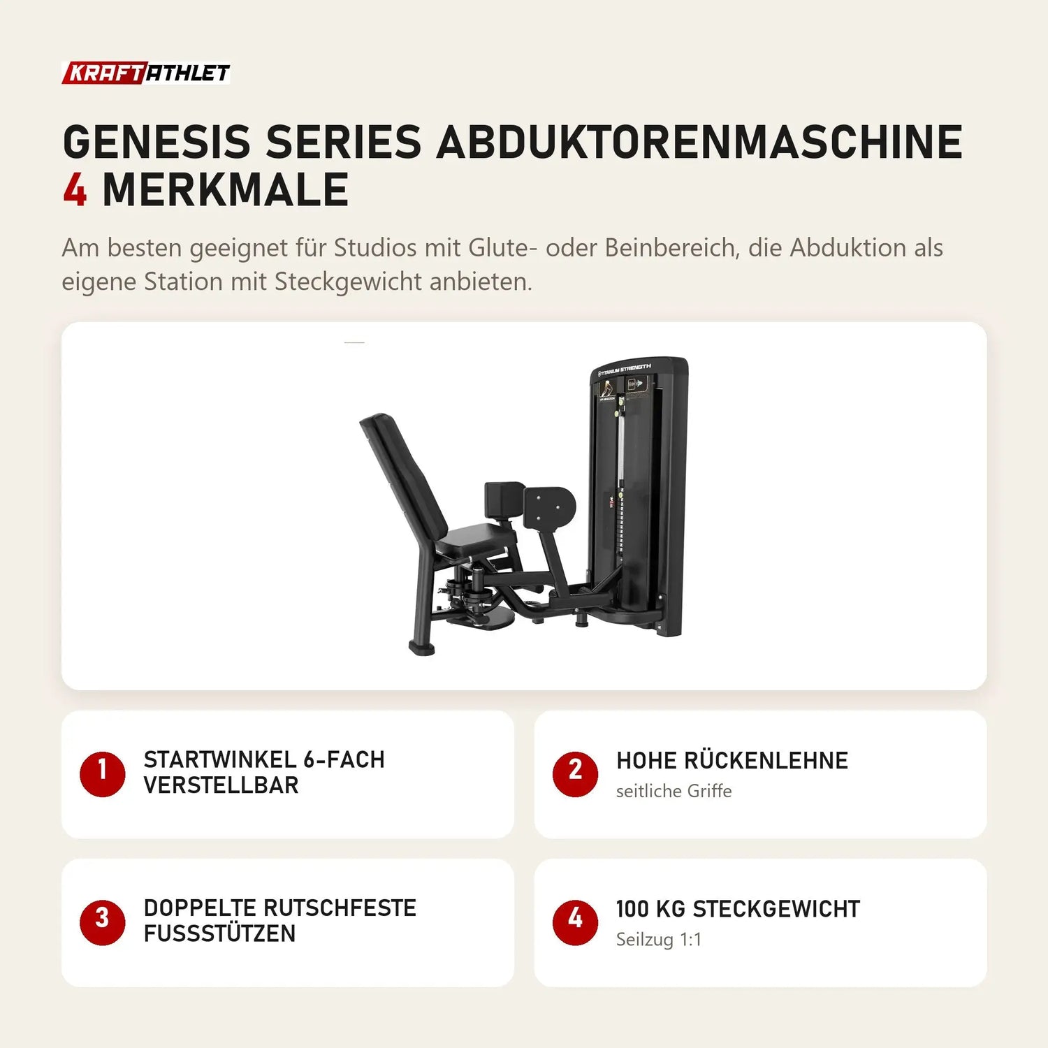 Titanium Strength Genesis Series Abduktorenmaschine mit 4 Merkmalen: Startwinkel 6-fach verstellbar, Hohe Rückenlehne, Doppelte rutschfeste Fußstützen, 100 kg Steckgewicht