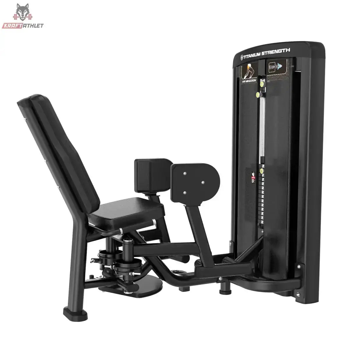 Titanium Strength Genesis Series Abduktorenmaschine in Schrägansicht mit Sitz, Beinpolstern und Gewichtsturm in Schwarz