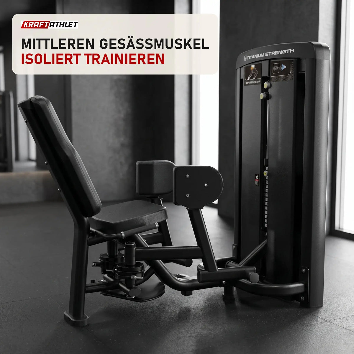 Titanium Strength Genesis Series Abduktorenmaschine in einem fertig eingerichteten Studio mit dunklen Wänden und Gummiboden