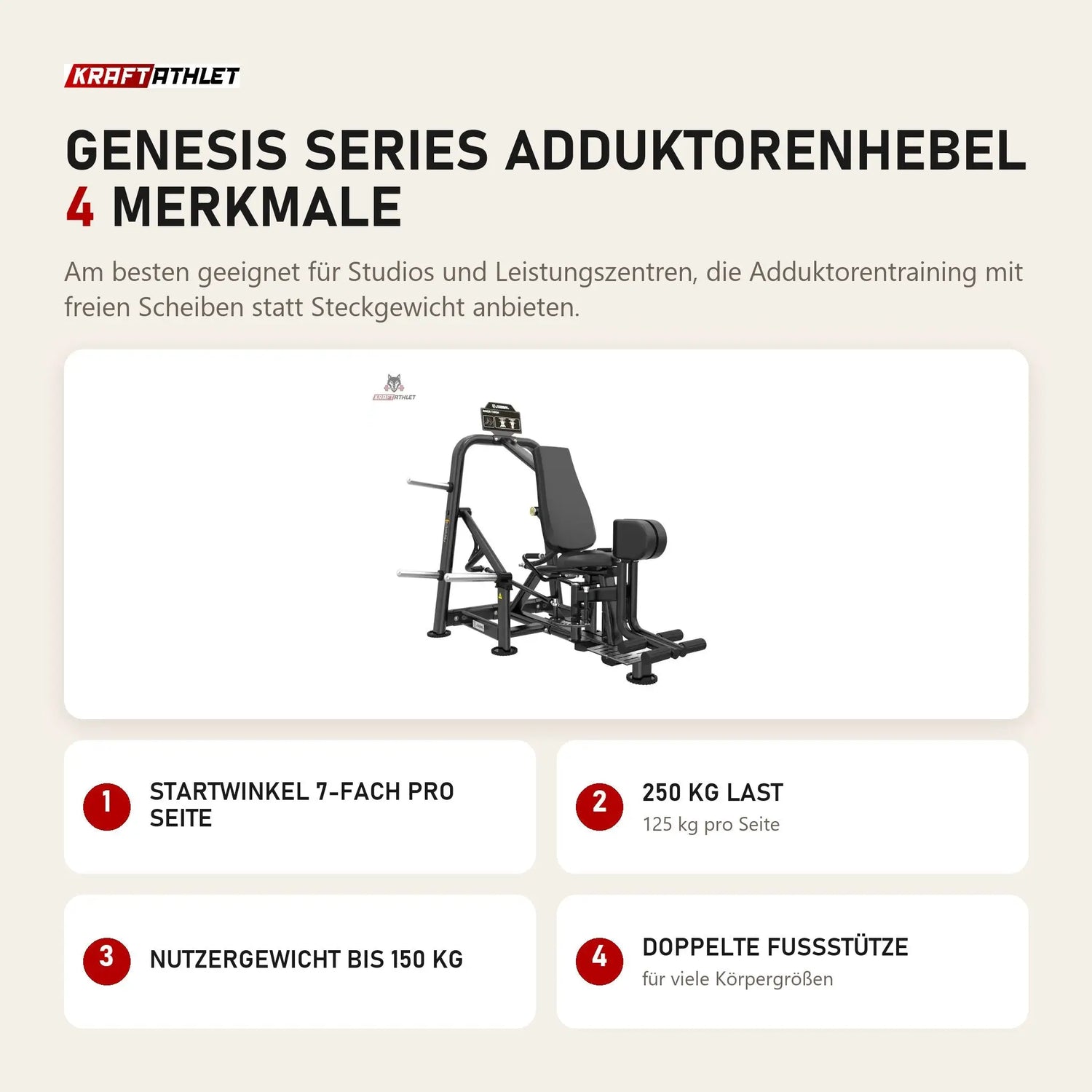 Titanium Strength Genesis Series Adduktorenhebel mit 4 Merkmalen: Startwinkel 7-fach pro Seite, 250 kg Last, Nutzergewicht bis 150 kg, Doppelte Fußstütze