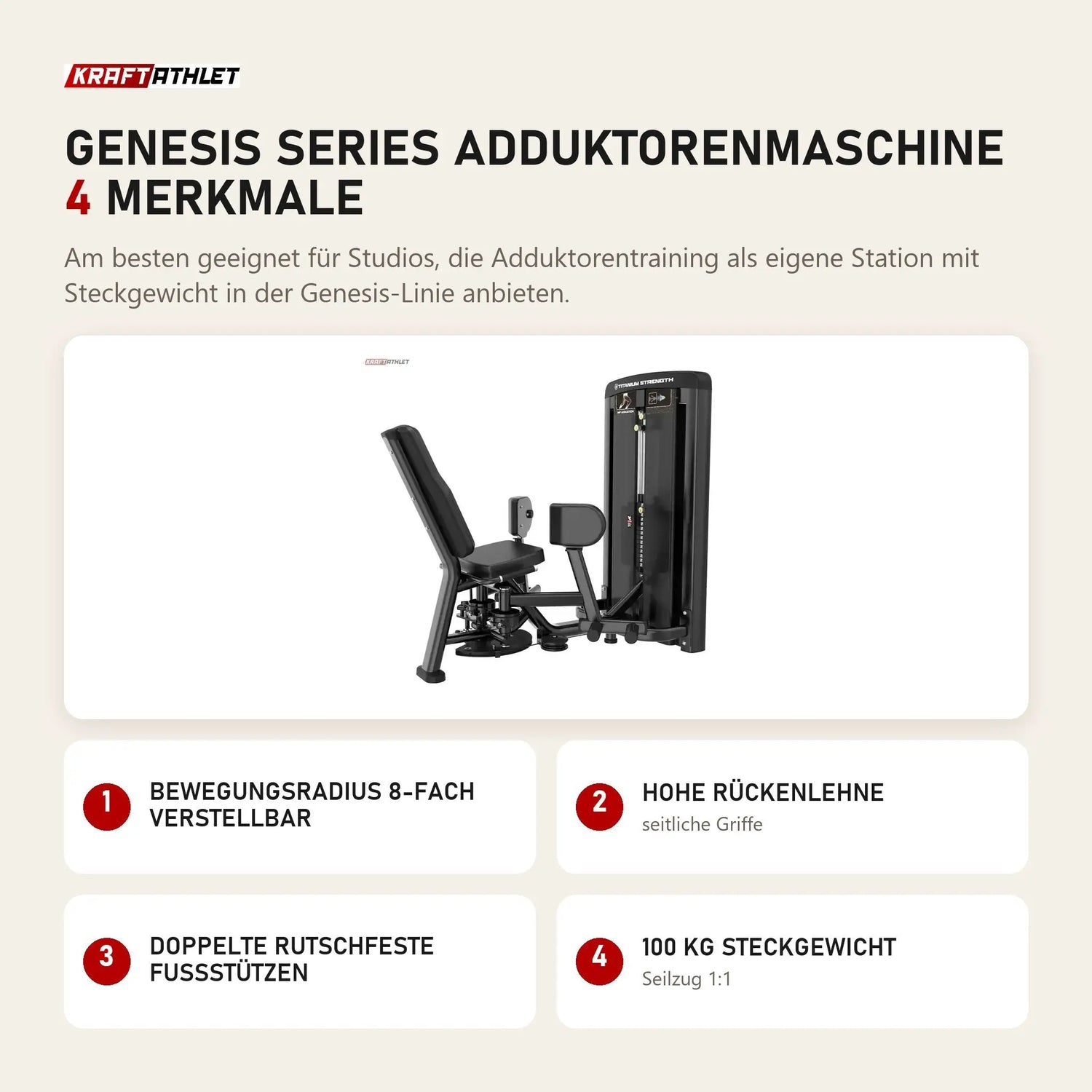 Titanium Strength Genesis Series Adduktorenmaschine mit 4 Merkmalen: Bewegungsradius 8-fach verstellbar, Hohe Rückenlehne, Doppelte rutschfeste Fußstützen, 100 kg Steckgewicht
