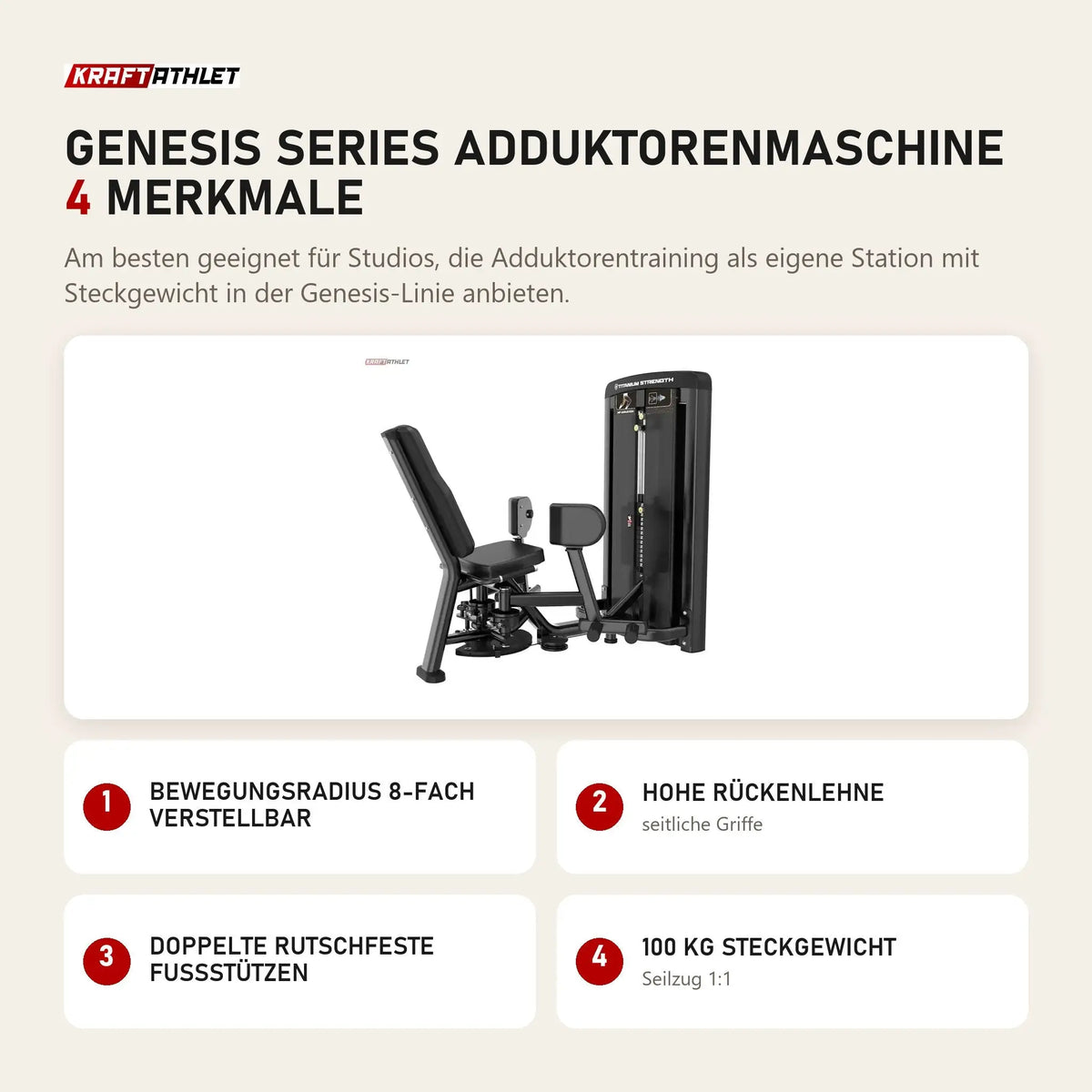 Titanium Strength Genesis Series Adduktorenmaschine mit 4 Merkmalen: Bewegungsradius 8-fach verstellbar, Hohe Rückenlehne, Doppelte rutschfeste Fußstützen, 100 kg Steckgewicht