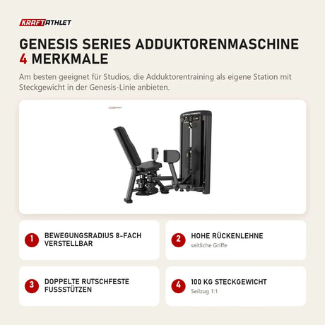 Titanium Strength Genesis Series Adduktorenmaschine mit 4 Merkmalen: Bewegungsradius 8-fach verstellbar, Hohe Rückenlehne, Doppelte rutschfeste Fußstützen, 100 kg Steckgewicht