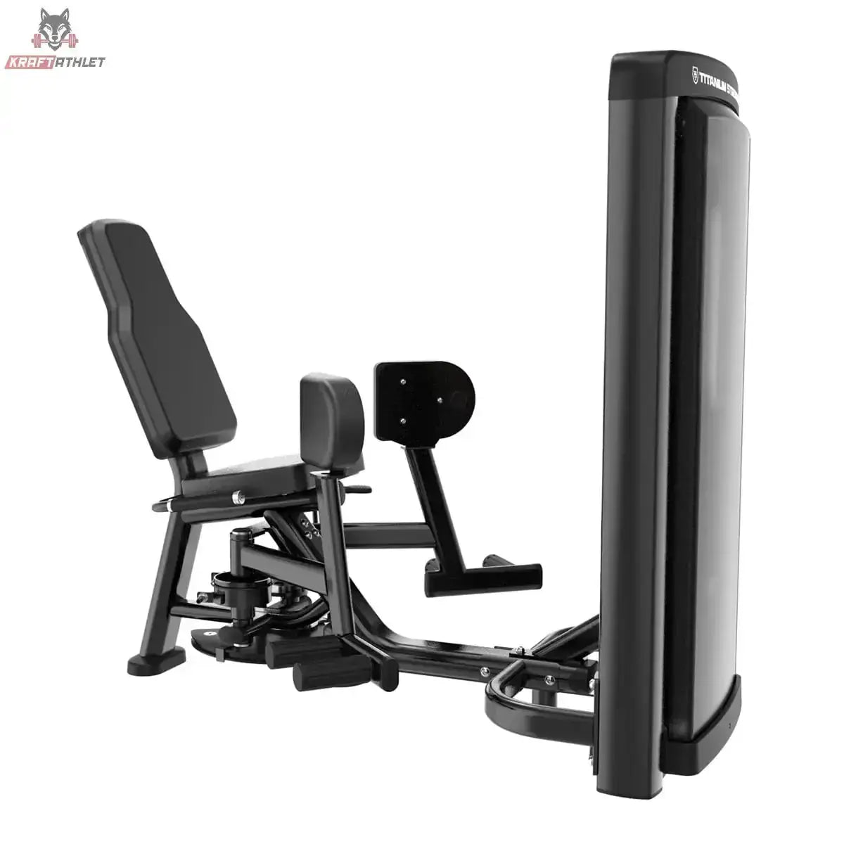 Titanium Strength Genesis Series Adduktorenmaschine in Seitenansicht mit Beinpolster und Gewichtsturm in Schwarz