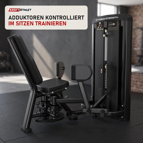 Titanium Strength Genesis Series Adduktorenmaschine in einem fertig eingerichteten Studio mit dunklen Wänden und Gummiboden