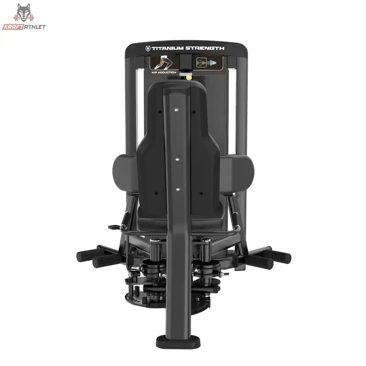 Titanium Strength Genesis Series Adduktorenmaschine von vorne mit Rückenlehne, Sitz und Fußrasten in Schwarz