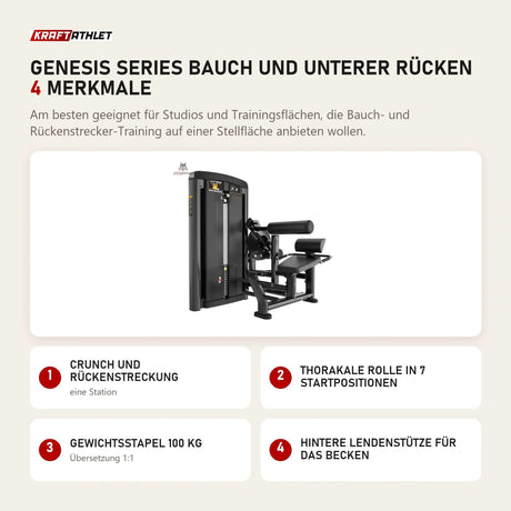 Titanium Strength Genesis Series Bauch und unterer Rücken mit 4 Merkmalen: Crunch und Rückenstreckung, Thorakale Rolle in 7 Startpositionen, Gewichtsstapel 100 kg, Hintere Lendenstütze für das Becken