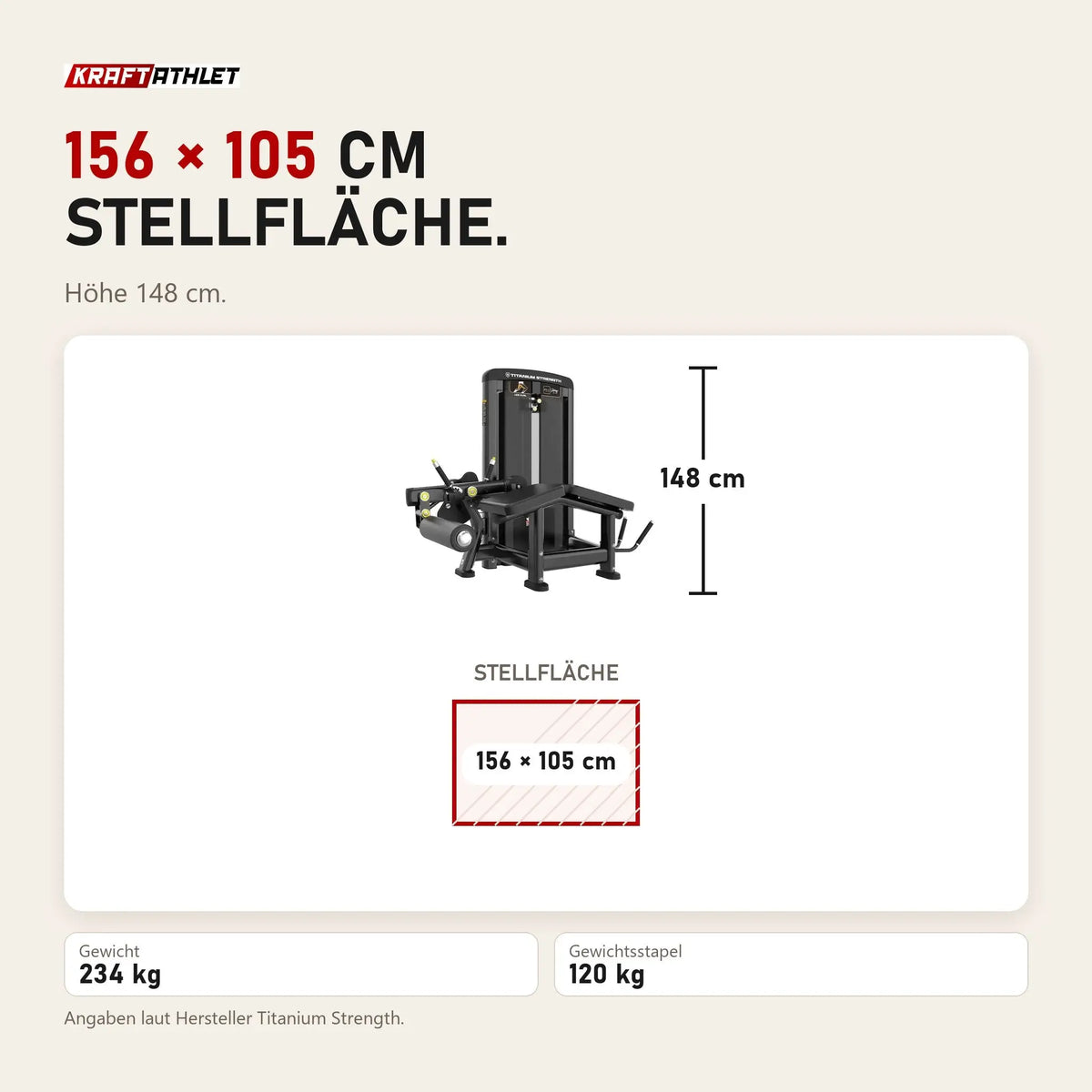 Maßbild Titanium Strength Genesis Series Beinbeuger liegend: Stellfläche 156 × 105 cm, Höhe 148 cm