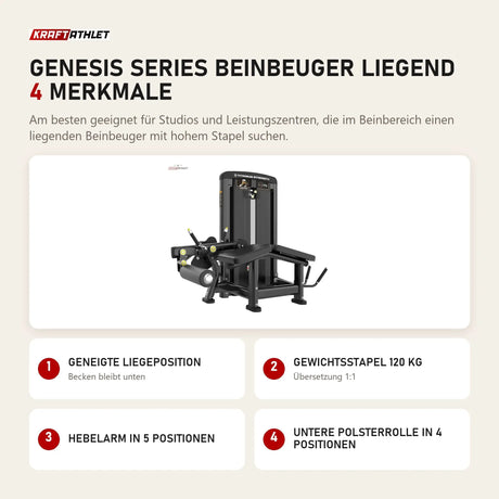 Titanium Strength Genesis Series Beinbeuger liegend mit 4 Merkmalen: Geneigte Liegeposition, Gewichtsstapel 120 kg, Hebelarm in 5 Positionen, Untere Polsterrolle in 4 Positionen