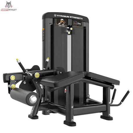 Titanium Strength Genesis Series Beinbeuger liegend in Schrägansicht mit Liegepolster, Beinrolle und Gewichtsturm in Schwarz