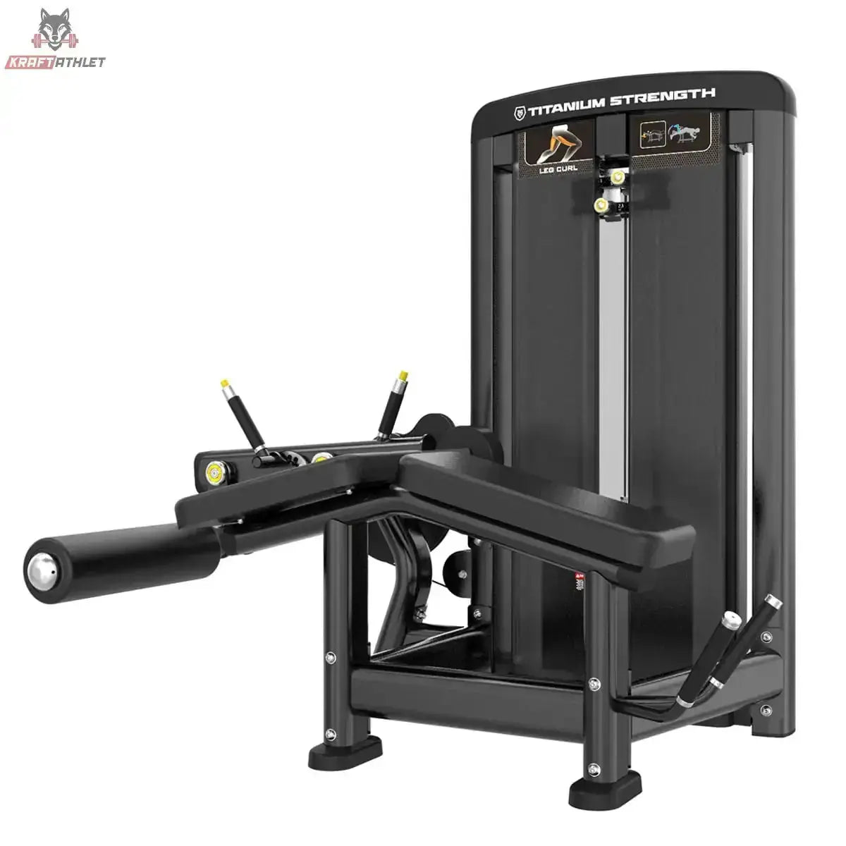 Titanium Strength Genesis Series Beinbeuger liegend in Seitenansicht mit Liegefläche, Haltegriffen und Hebelarm in Schwarz