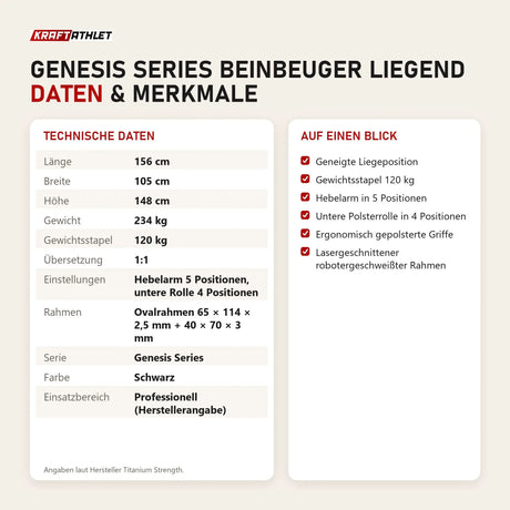 Technische Daten und Merkmale von Titanium Strength Genesis Series Beinbeuger liegend als Tabelle
