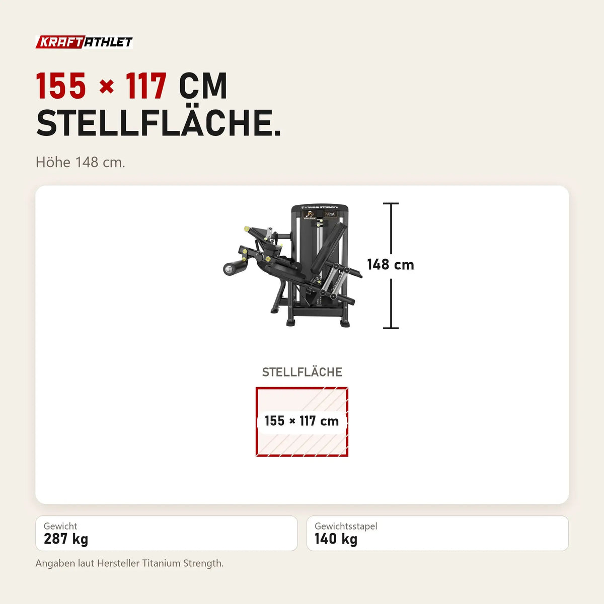 Maßbild Titanium Strength Genesis Series Beinbeuger sitzend: Stellfläche 155 × 117 cm, Höhe 148 cm
