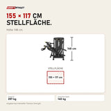 Maßbild Titanium Strength Genesis Series Beinbeuger sitzend: Stellfläche 155 × 117 cm, Höhe 148 cm