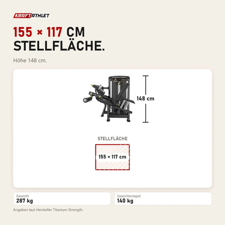 Maßbild Titanium Strength Genesis Series Beinbeuger sitzend: Stellfläche 155 × 117 cm, Höhe 148 cm