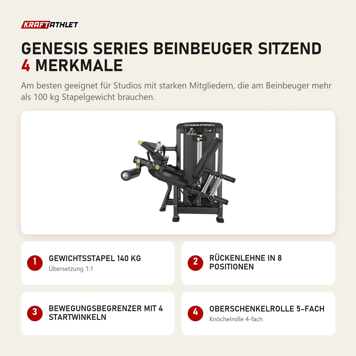 Titanium Strength Genesis Series Beinbeuger sitzend mit 4 Merkmalen: Gewichtsstapel 140 kg, Rückenlehne in 8 Positionen, Bewegungsbegrenzer mit 4 Startwinkeln, Oberschenkelrolle 5-fach