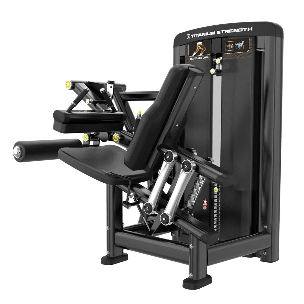 Titanium Strength Genesis Series Beinbeuger sitzend, Schrägansicht von links mit Oberschenkelpolster und Sitz