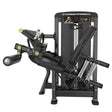 Titanium Strength Genesis Series Beinbeuger sitzend, Schrägansicht von vorn mit Beinpolstern und Gewichtsturm