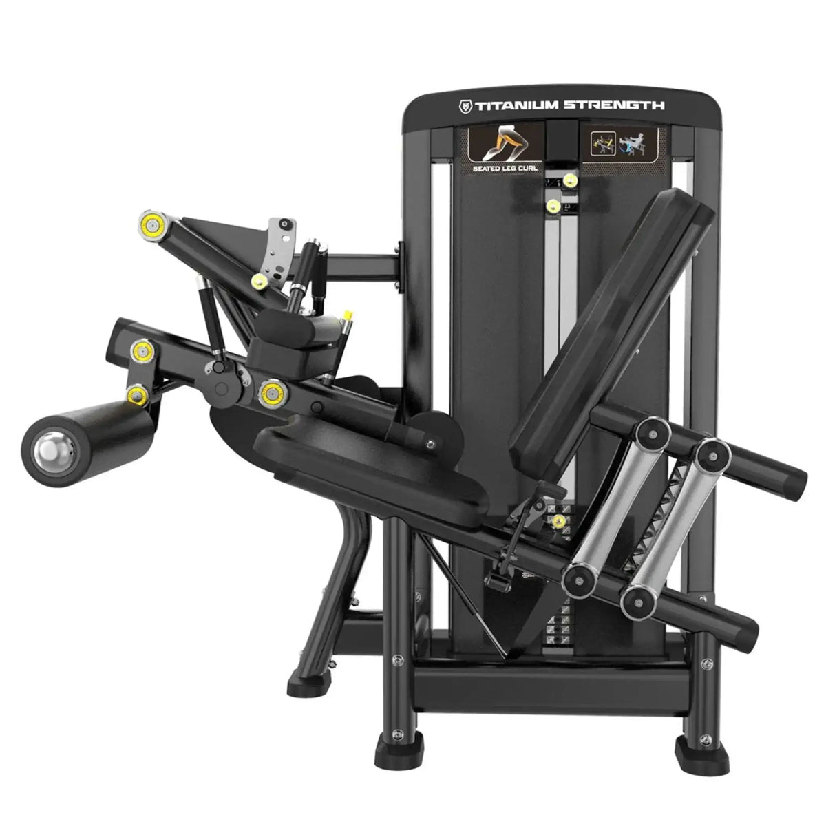 Titanium Strength Genesis Series Beinbeuger sitzend, Schrägansicht von vorn mit Beinpolstern und Gewichtsturm