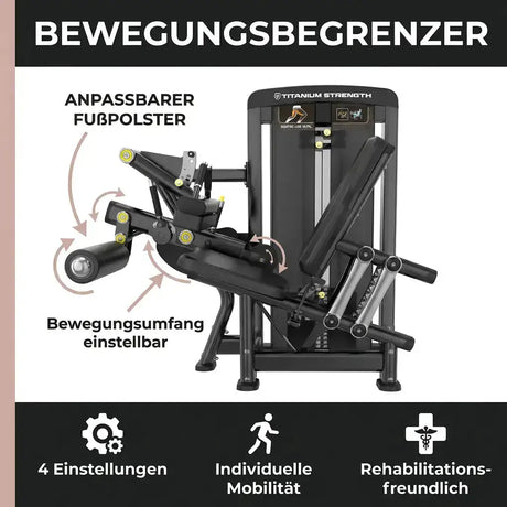 Titanium Strength Genesis Series Beinbeuger sitzend: Grafik zu Fußpolster und einstellbarem Bewegungsumfang