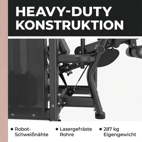 Titanium Strength Genesis Series Beinbeuger sitzend: Grafik zur Konstruktion mit Schweißnähten und 287 kg Eigengewicht