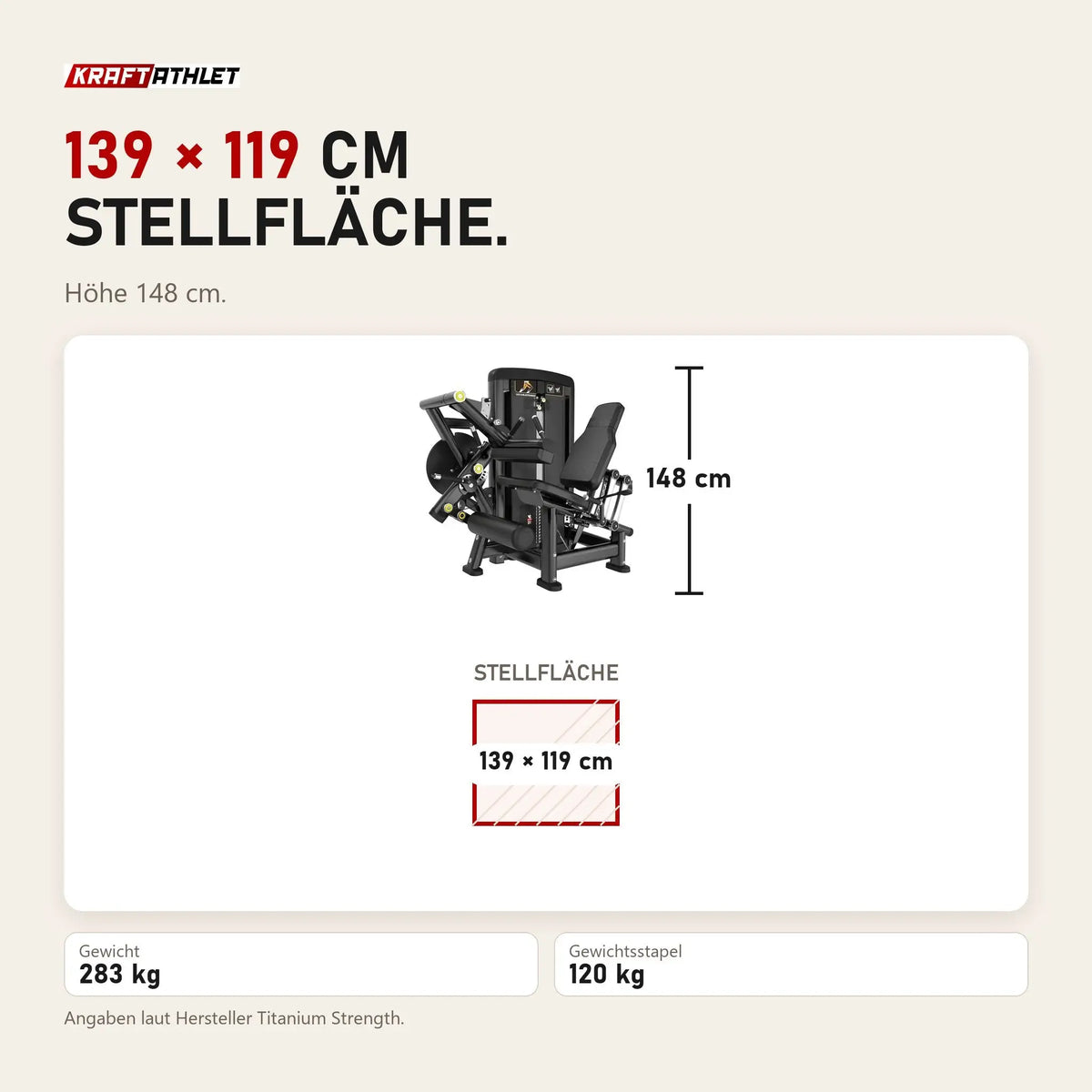 Maßbild Titanium Strength Genesis Series Beinbeuger sitzend und Beinstrecker: Stellfläche 139 × 119 cm, Höhe 148 cm
