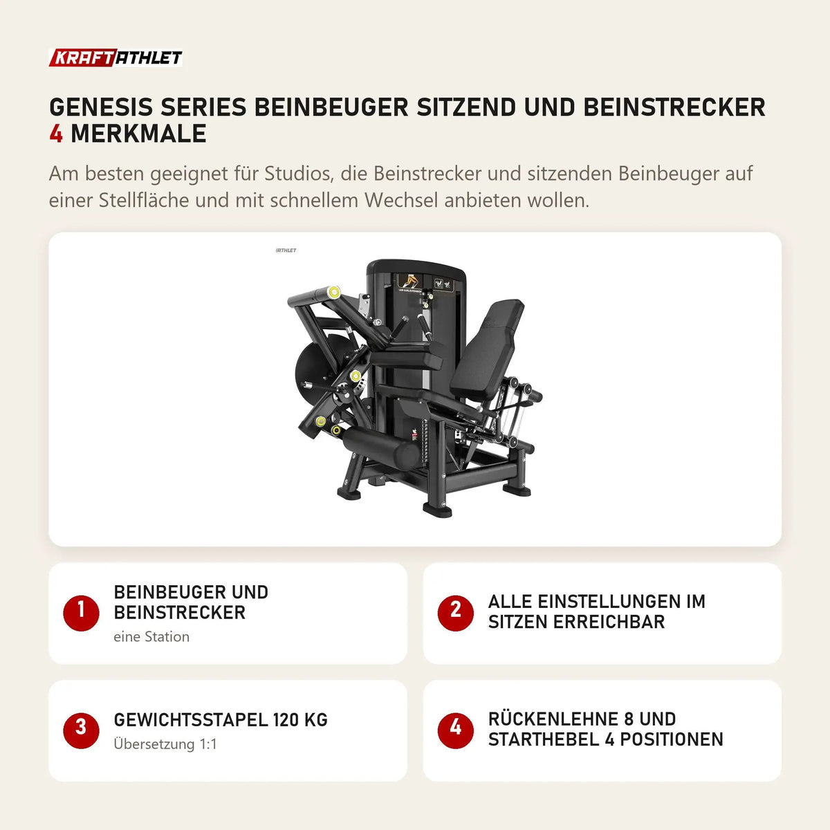 Titanium Strength Genesis Series Beinbeuger sitzend und Beinstrecker mit 4 Merkmalen: Beinbeuger und Beinstrecker, Alle Einstellungen im Sitzen erreichbar, Gewichtsstapel 120 kg, Rückenlehne 8 und Starthebel 4 Positionen