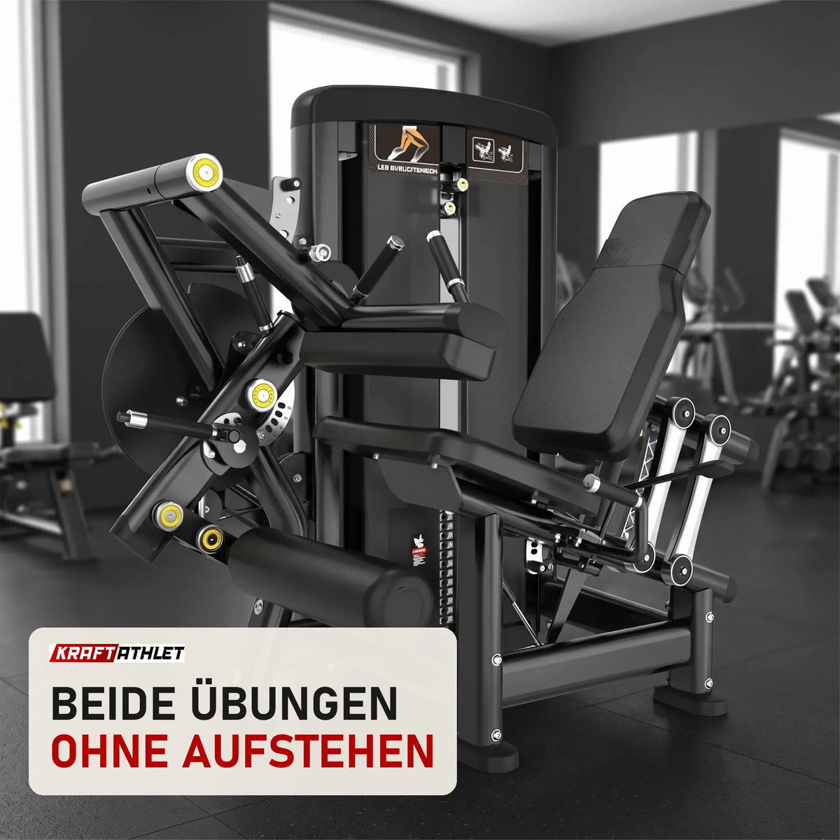 Titanium Strength Genesis Series Beinbeuger sitzend und Beinstrecker in einem fertig eingerichteten Studio mit dunklen Wänden und Gummiboden