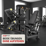 Titanium Strength Genesis Series Beinbeuger sitzend und Beinstrecker in einem fertig eingerichteten Studio mit dunklen Wänden und Gummiboden