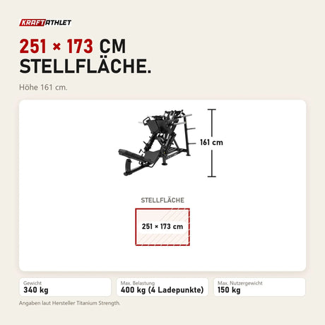 Maßbild Titanium Strength Genesis Series Beinpresse 45° einseitig: Stellfläche 251 × 173 cm, Höhe 161 cm