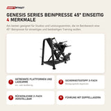 Titanium Strength Genesis Series Beinpresse 45° Einseitig mit 4 Merkmalen: Getrennte Plattformen und Ladearme, Sicherheitsstopp 3-fach, Rückenlehne 2-fach verstellbar, Führung mit Doppellagern