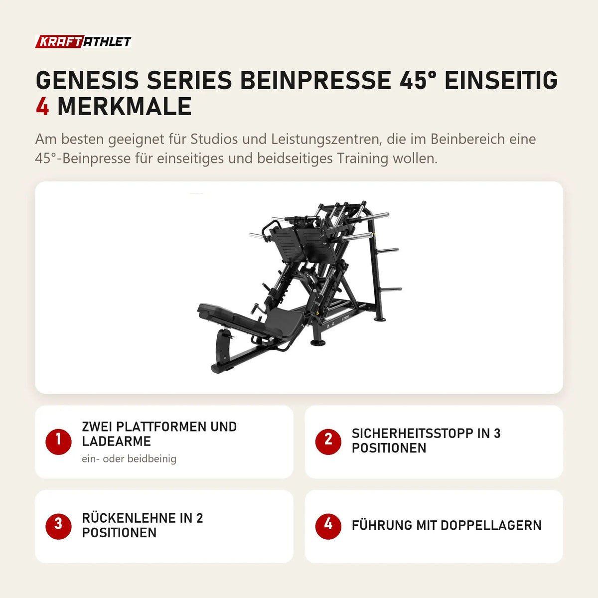 Titanium Strength Genesis Series Beinpresse 45° einseitig mit 4 Merkmalen: Zwei Plattformen und Ladearme, Sicherheitsstopp in 3 Positionen, Rückenlehne in 2 Positionen, Führung mit Doppellagern