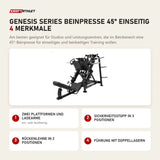 Titanium Strength Genesis Series Beinpresse 45° einseitig mit 4 Merkmalen: Zwei Plattformen und Ladearme, Sicherheitsstopp in 3 Positionen, Rückenlehne in 2 Positionen, Führung mit Doppellagern
