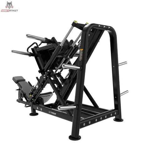 Titanium Strength Genesis Series Beinpresse 45° einseitig von hinten schräg mit Führungsschienen, Scheibenaufnahmen und Rahmen in Schwarz