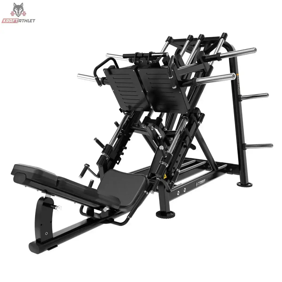 Titanium Strength Genesis Series Beinpresse 45° einseitig in Schrägansicht mit Rückenpolster, Fußplatte und Scheibenaufnahmen in Schwarz