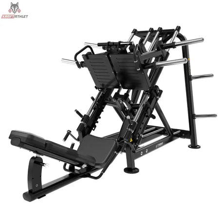 Titanium Strength Genesis Series Beinpresse 45° einseitig in Schrägansicht mit Rückenpolster, Fußplatte und Scheibenaufnahmen in Schwarz