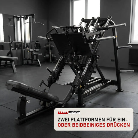 Titanium Strength Genesis Series Beinpresse 45° einseitig in einem fertig eingerichteten Studio mit dunklen Wänden und Gummiboden