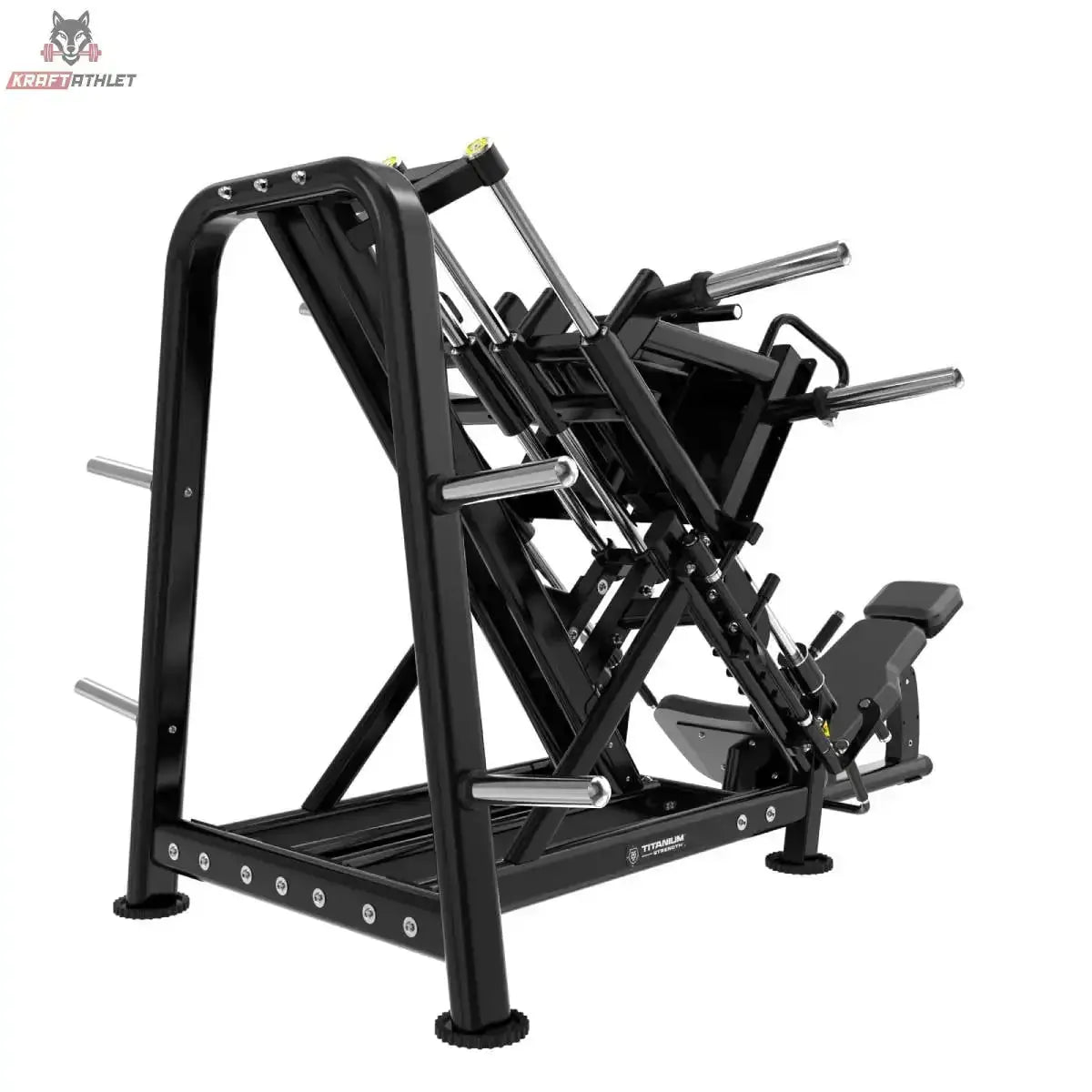 Titanium Strength Genesis Series Beinpresse 45° einseitig von vorne schräg mit Führungsschienen, Hantelaufnahmen und Fußplatte in Schwarz