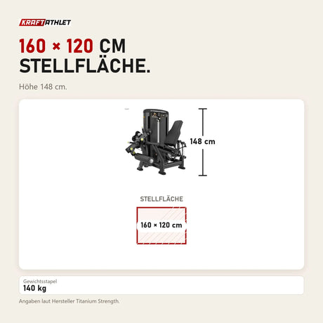 Maßbild Titanium Strength Genesis Series Beinstrecker: Stellfläche 160 × 120 cm, Höhe 148 cm