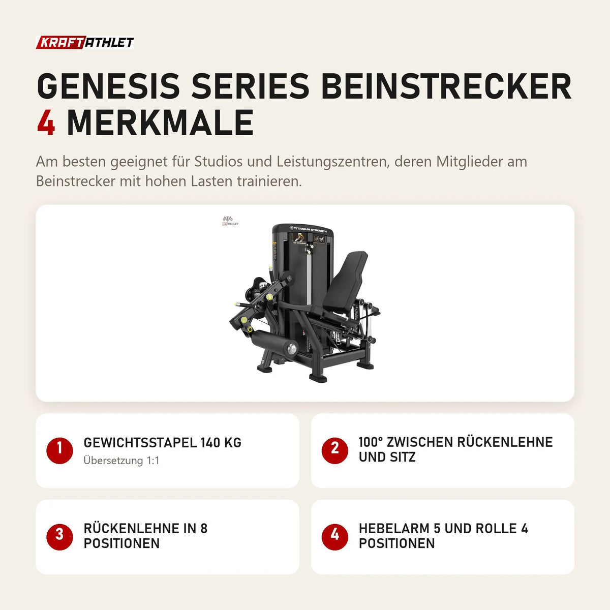 Titanium Strength Genesis Series Beinstrecker mit 4 Merkmalen: Gewichtsstapel 140 kg, 100° zwischen Rückenlehne und Sitz, Rückenlehne in 8 Positionen, Hebelarm 5 und Rolle 4 Positionen