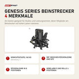 Titanium Strength Genesis Series Beinstrecker mit 4 Merkmalen: Gewichtsstapel 140 kg, 100° zwischen Rückenlehne und Sitz, Rückenlehne in 8 Positionen, Hebelarm 5 und Rolle 4 Positionen