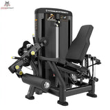 Titanium Strength Genesis Series Beinstrecker in Schrägansicht mit Sitz, Beinrolle und Gewichtsturm in Schwarz