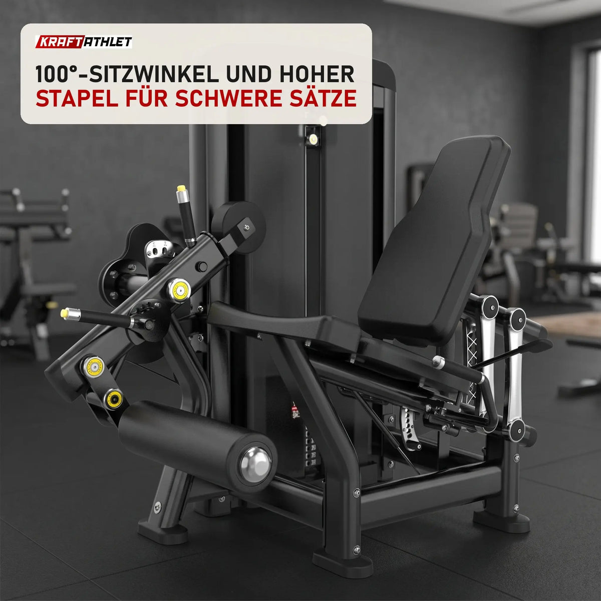 Titanium Strength Genesis Series Beinstrecker in einem fertig eingerichteten Studio mit dunklen Wänden und Gummiboden