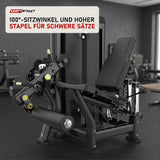 Titanium Strength Genesis Series Beinstrecker in einem fertig eingerichteten Studio mit dunklen Wänden und Gummiboden