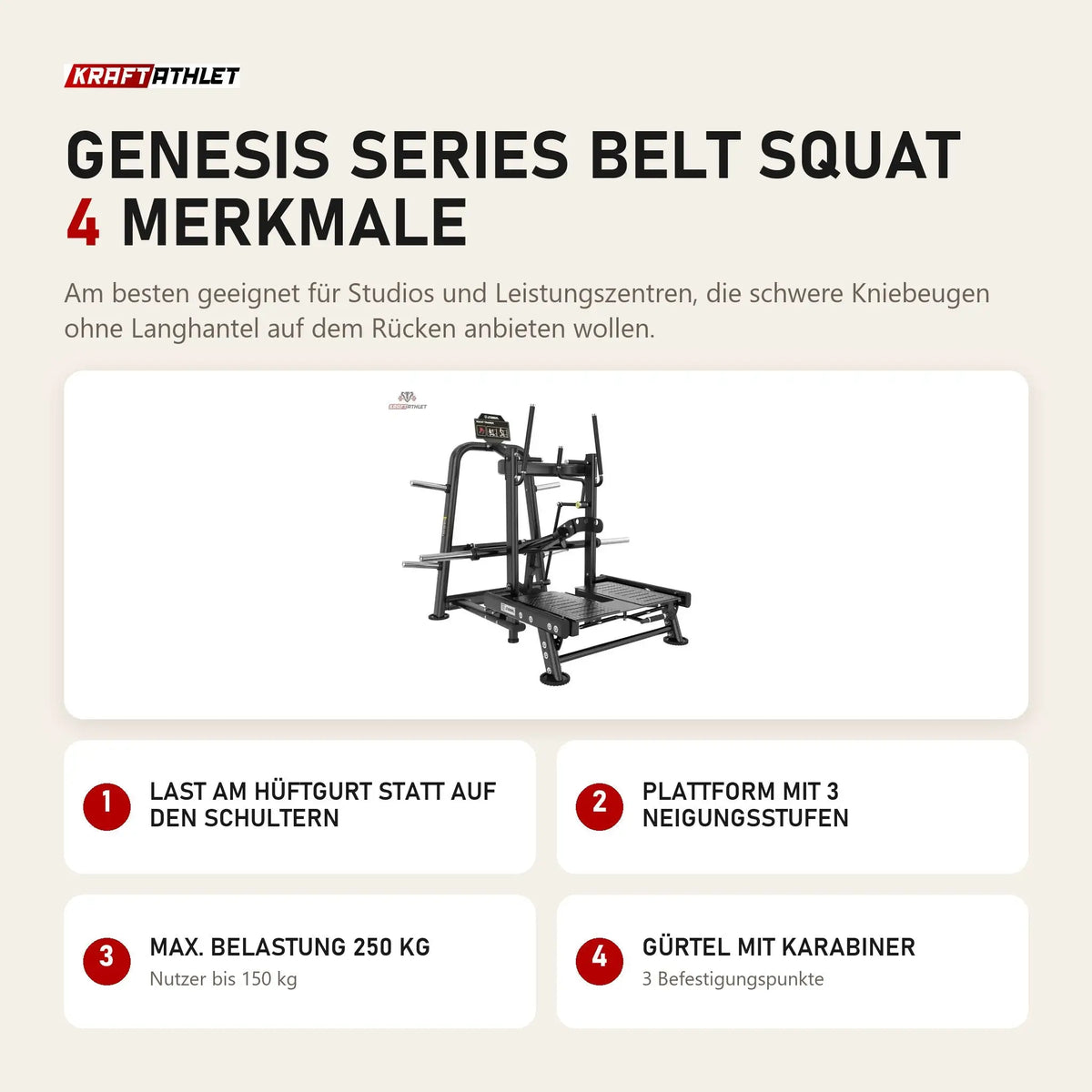 Titanium Strength Genesis Series Belt Squat mit 4 Merkmalen: Last am Hüftgurt statt auf den Schultern, Plattform mit 3 Neigungsstufen, Max. Belastung 250 kg, Gürtel mit Karabiner