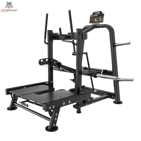 Titanium Strength Genesis Series Belt Squat in Schrägansicht von hinten mit Griffen und Display